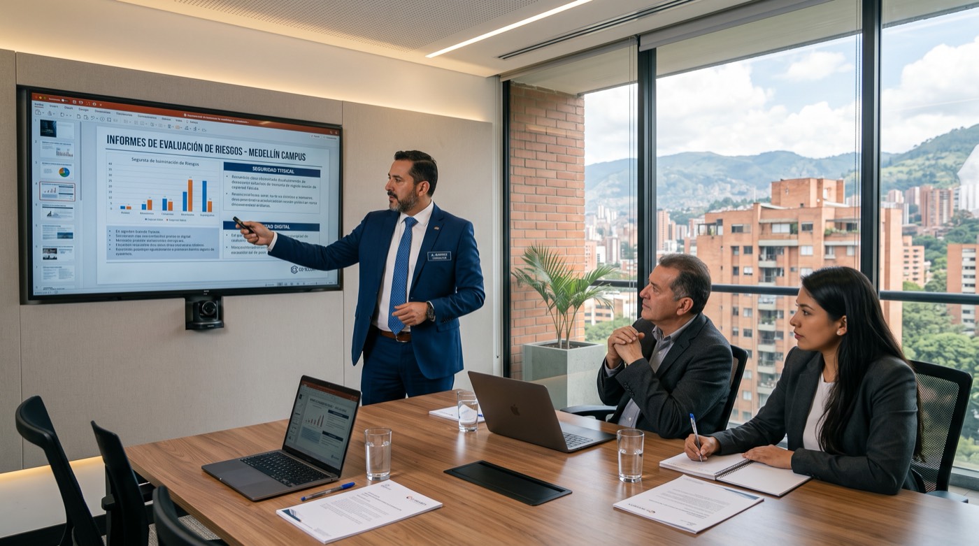 Consultor presentando diagnóstico de riesgos